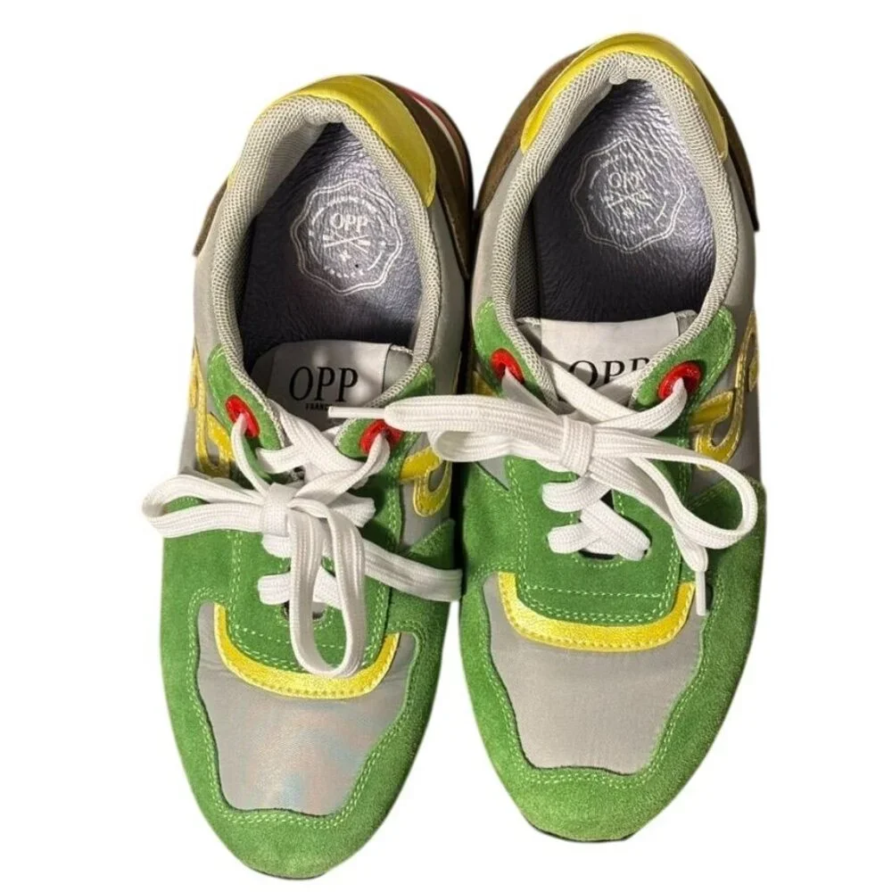 Vintage-Inspired OPP Green & Yellow Suede Running Shoes With White Laces - Picture 9 of 15